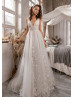 V Neck Ivory 3D Lace Tulle Elegant Wedding Dress